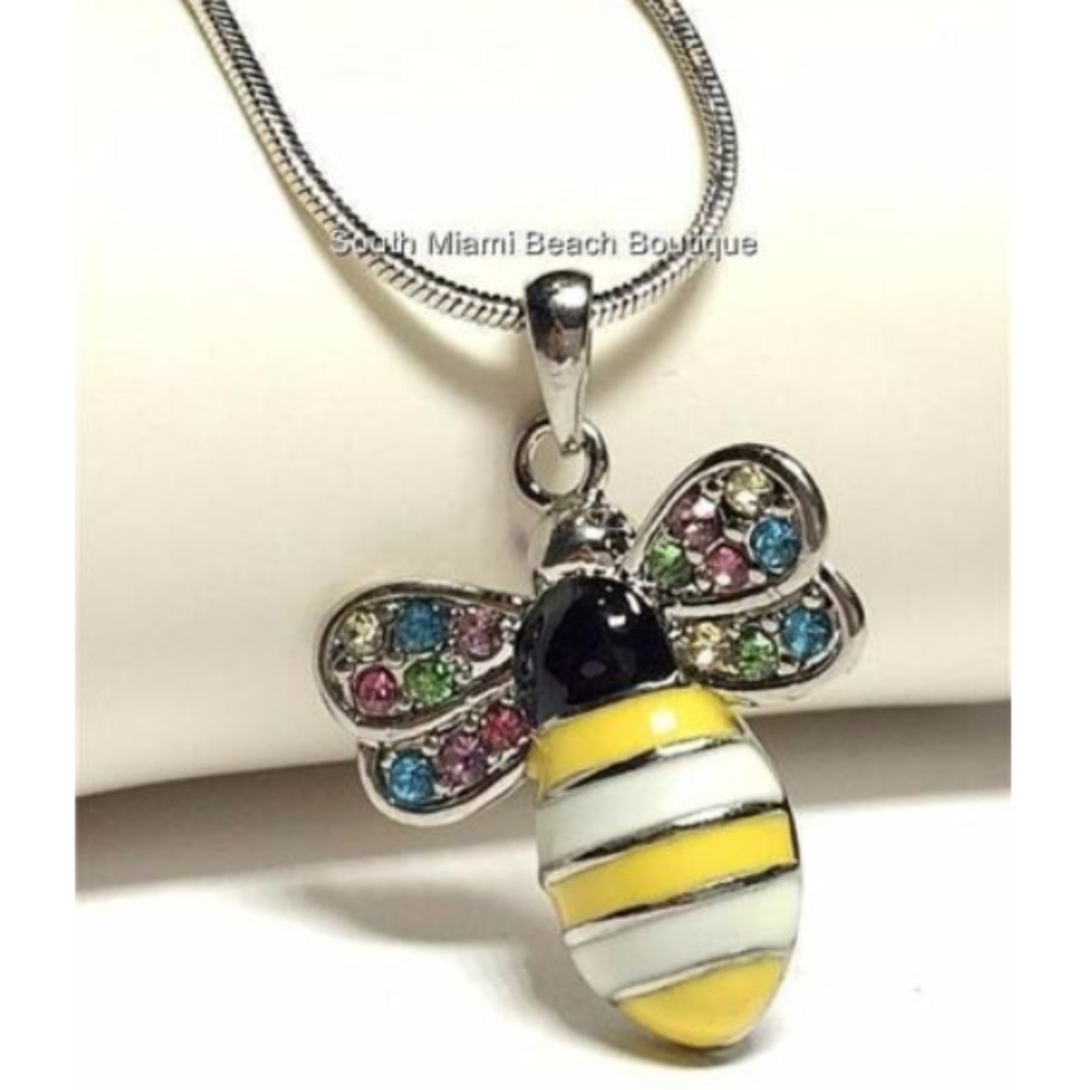 Silver Tone Crystal Bumble Bee Necklace Multicolor Crystals 18" Insect Jewelry - Picture 3 of 8